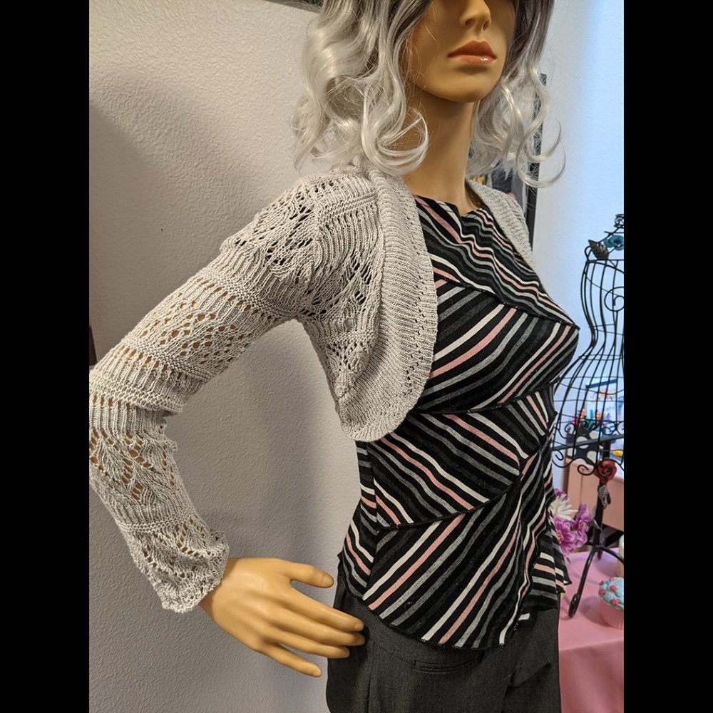 FIORLINI INTERNATIONAL Pink, white, grey, and black Striped Asymmetrical Blouse - Picture 3 of 9